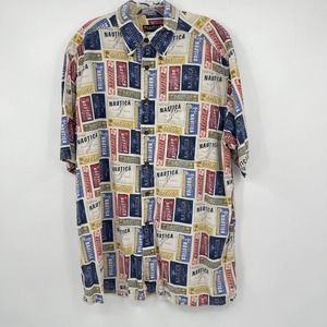 Nautica Hawaiian Shirt Mens Large Vintage Postcards Logo Coconut Buttons